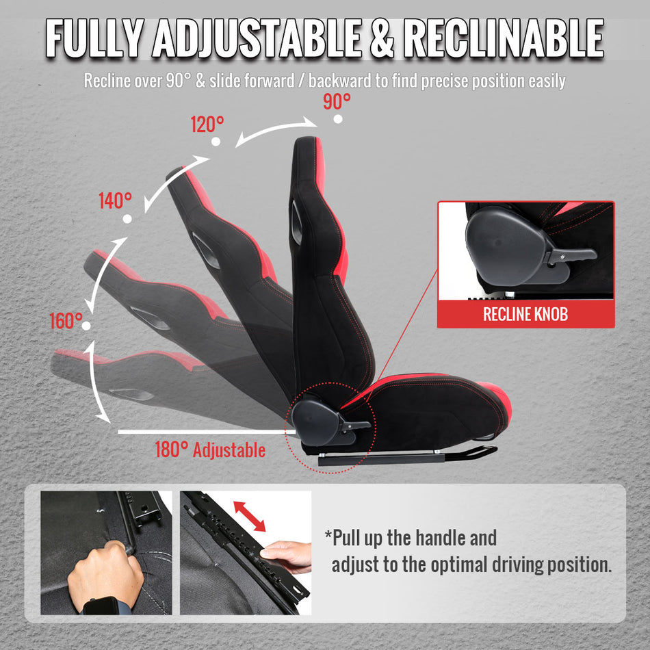 Universal Fully Reclinable Black Red Suede Bucket Racing Seat w/ Sliders - Passenger Side Only