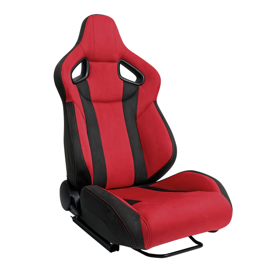 Universal Fully Reclinable Black Red Suede Bucket Racing Seat w/ Sliders - Passenger Side Only
