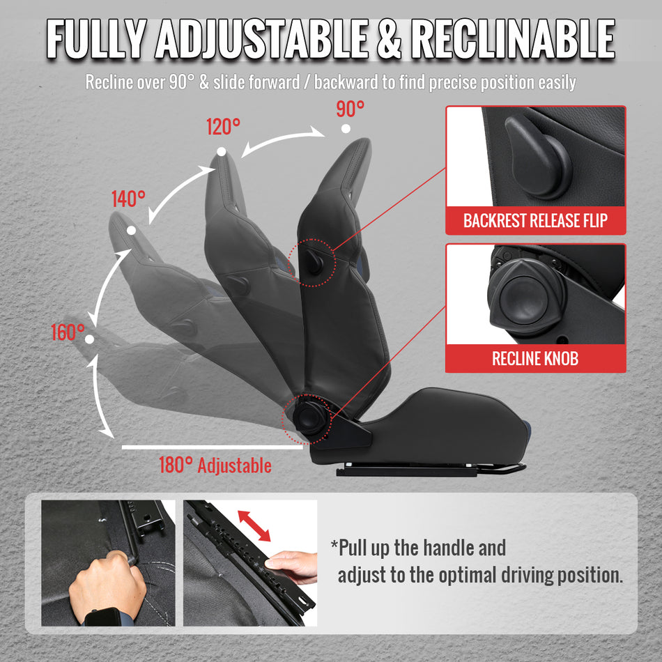 Universal Fully Reclinable Black PU Leather Gray Suede Bucket Racing Seat w/ Sliders - Single Seat