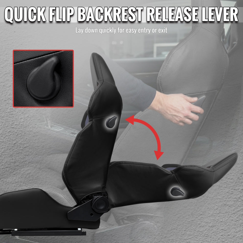 Universal Fully Reclinable Black PU Leather Gray Suede Bucket Racing Seat w/ Sliders - Single Seat