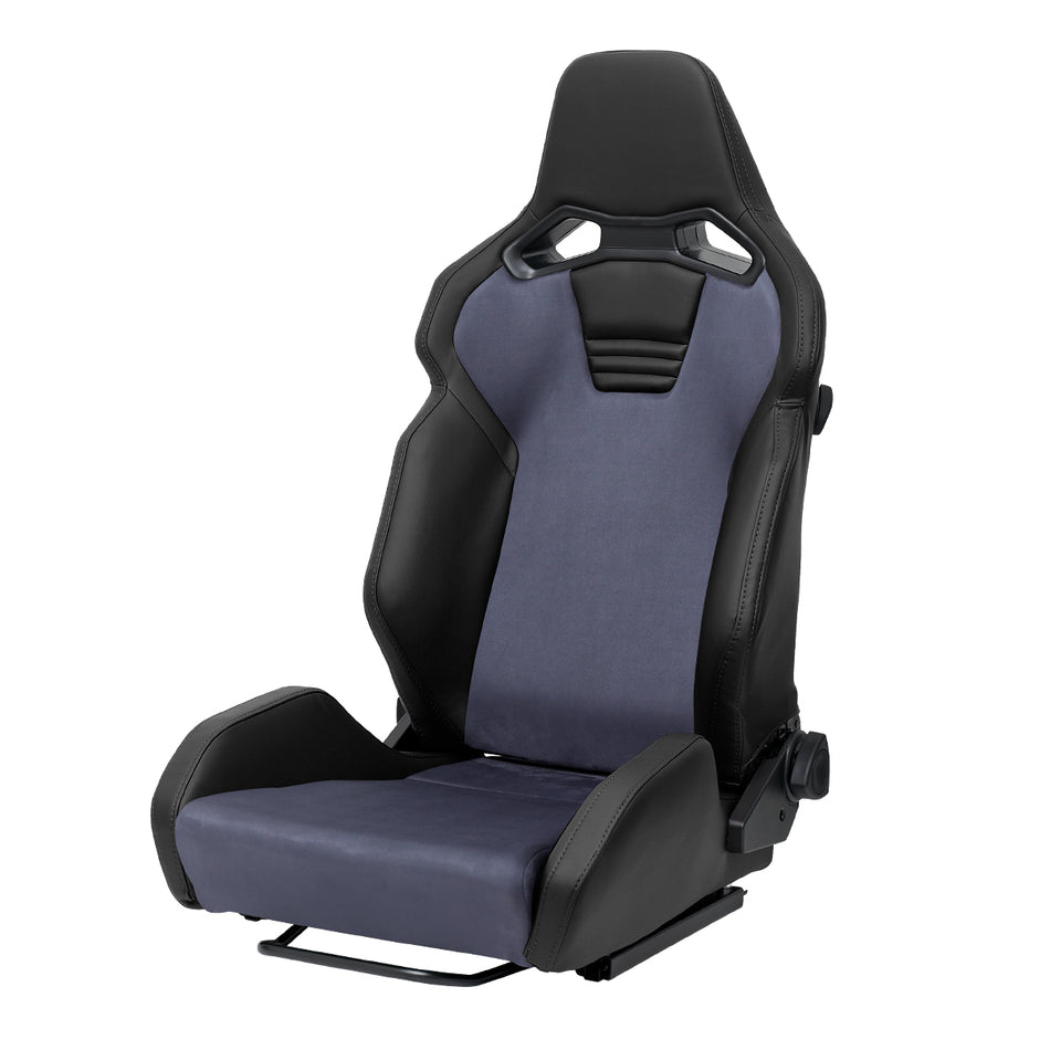 Universal Fully Reclinable Black PU Leather Gray Suede Bucket Racing Seat w/ Sliders - Single Seat