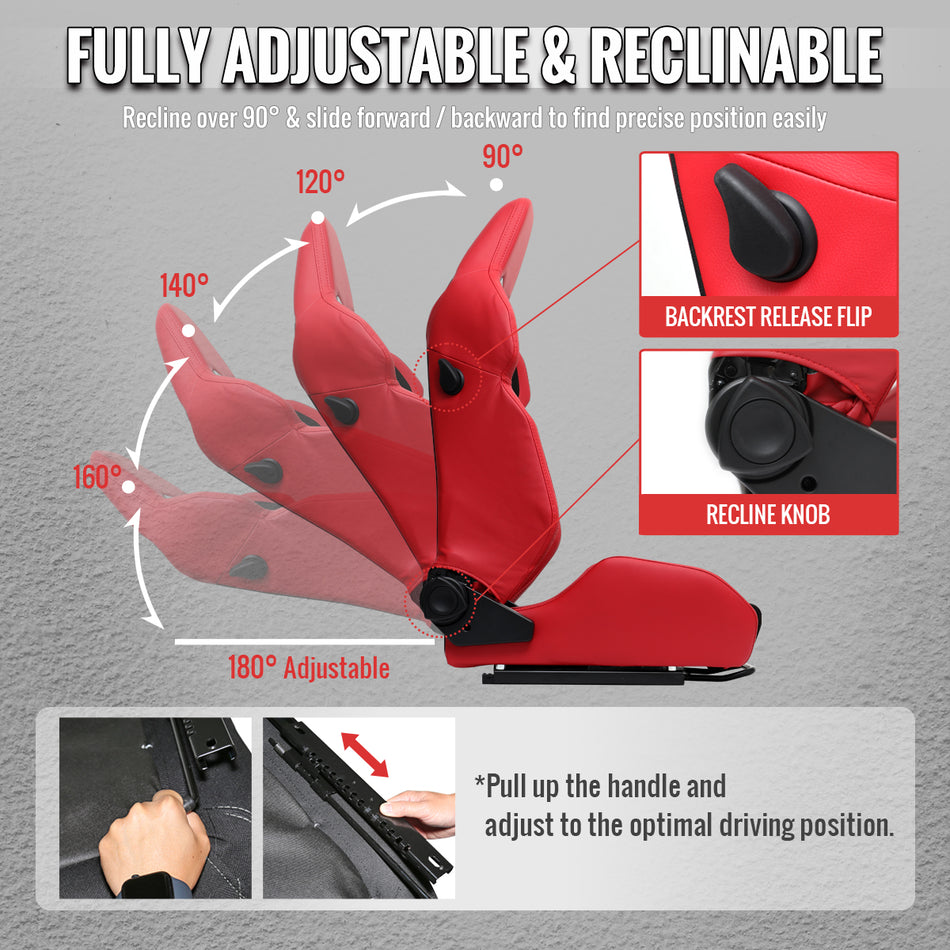 Universal Fully Reclinable Red PU Leather Black Suede Bucket Racing Seat w/ Sliders - Single Seat