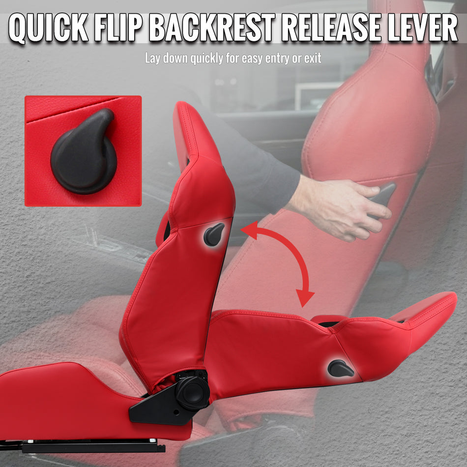 Universal Fully Reclinable Red PU Leather Black Suede Bucket Racing Seat w/ Sliders - Single Seat
