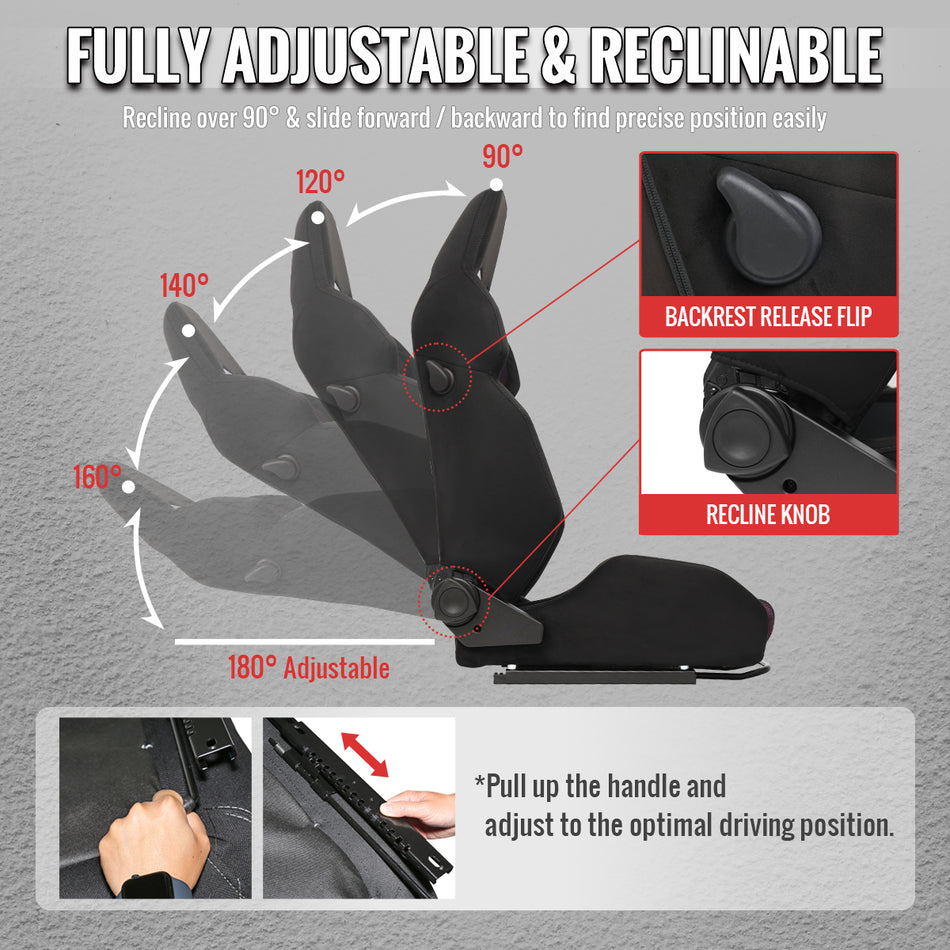 Universal Fully Reclinable Black Suede Red Mesh Bucket Racing Seat w/ Sliders - Single Seat
