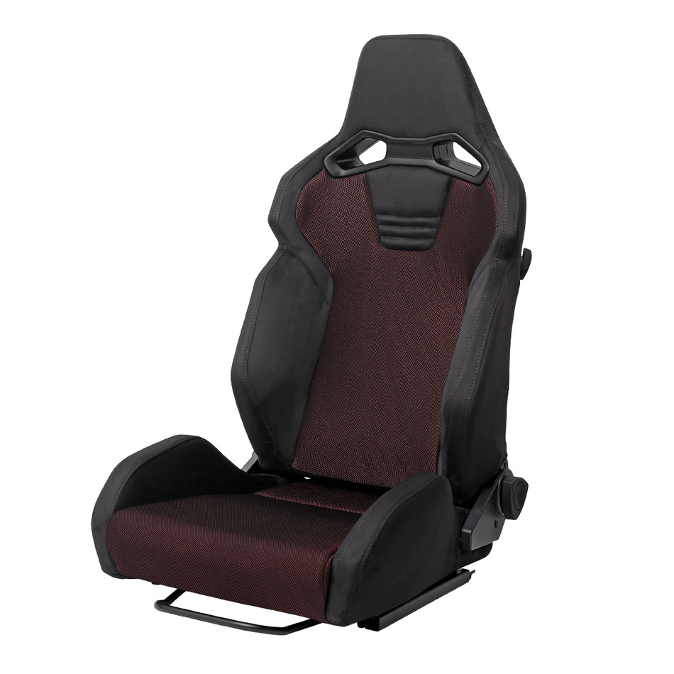 Universal Fully Reclinable Black Suede Red Mesh Bucket Racing Seat w/ Sliders - Single Seat