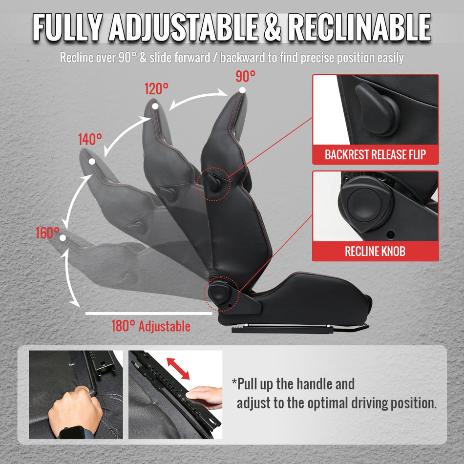 Universal Fully Reclinable Black PU Leather Suede Bucket Racing Seat w/ Sliders - Single Seat