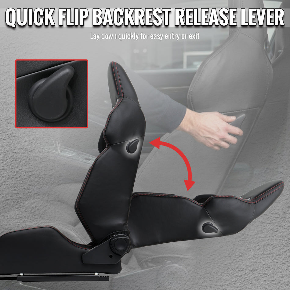Universal Fully Reclinable Black PU Leather Suede Bucket Racing Seat w/ Sliders - Single Seat