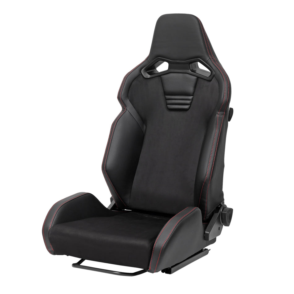 Universal Fully Reclinable Black PU Leather Suede Bucket Racing Seat w/ Sliders - Single Seat