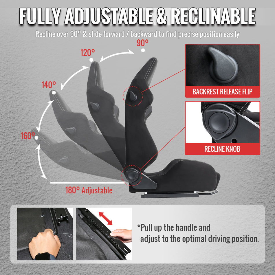 Universal Fully Reclinable Black Suede Silver Stitch High Bolster Bucket Racing Seat w/ Sliders - Single Seat