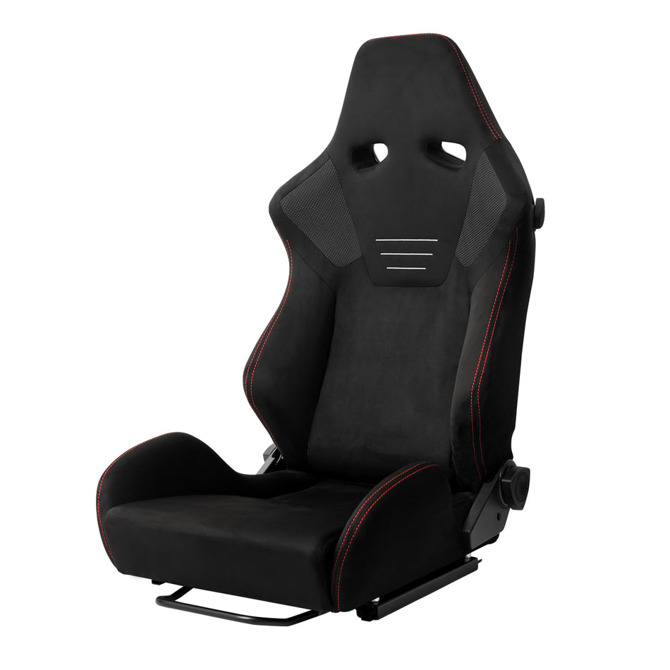 Universal Fully Reclinable Black Suede Red Stitch Bucket Racing Seat w/ Sliders - Single Seat