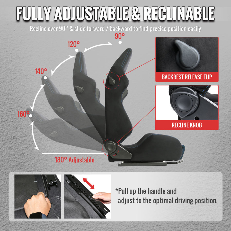 Universal Fully Reclinable Black Suede Blue Mesh High Bolster Bucket Racing Seat w/ Sliders - Single Seat