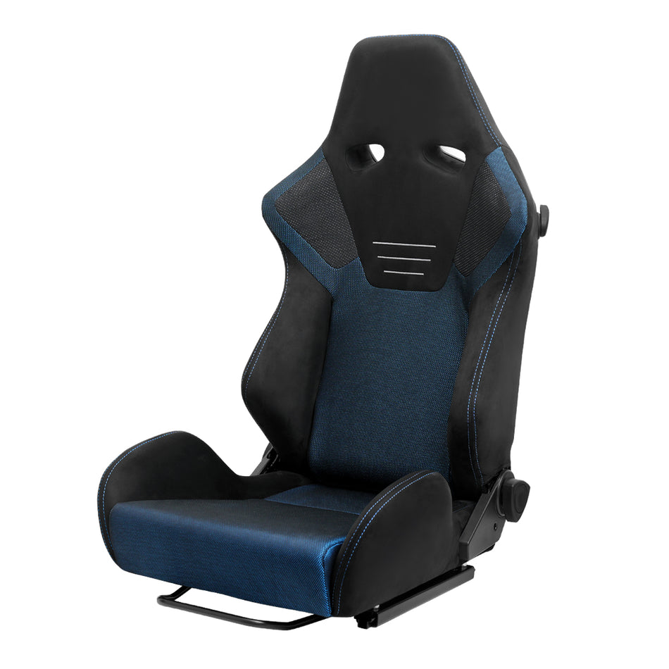 Universal Fully Reclinable Black Suede Blue Mesh High Bolster Bucket Racing Seat w/ Sliders - Single Seat