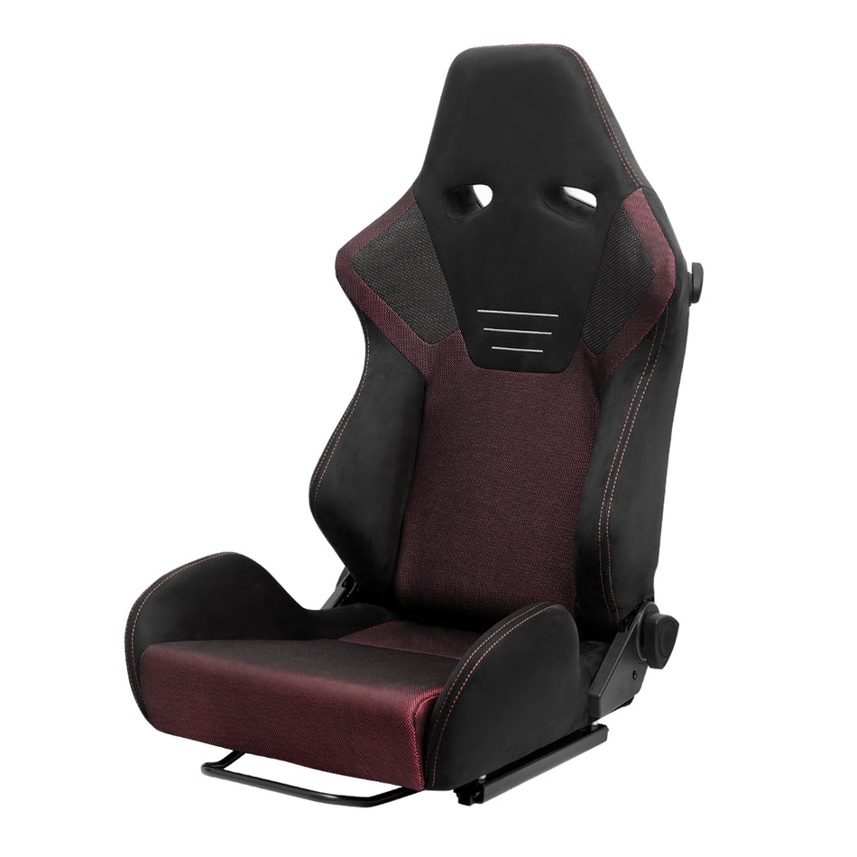Universal Fully Reclinable Black Suede Red Mesh High Bolster Bucket Racing Seat w/ Sliders - Single Seat