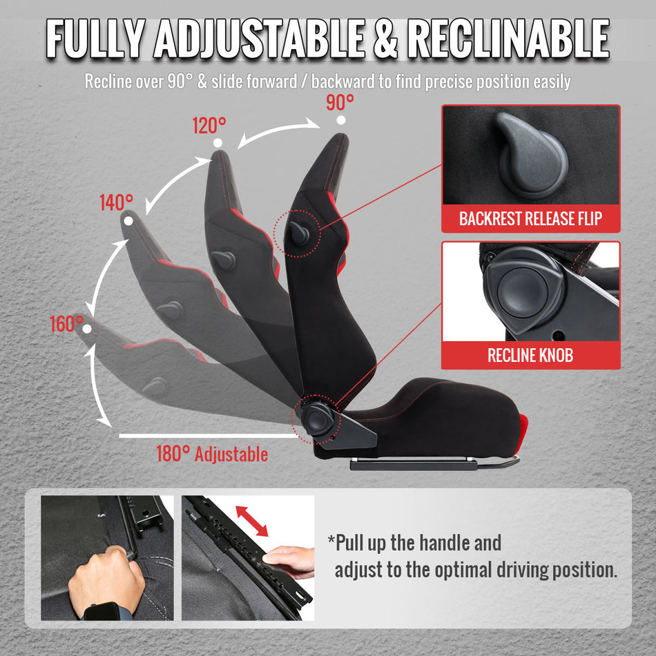 Universal Fully Reclinable Black Red Suede High Bolster Bucket Racing Seat w/ Sliders - Single Seat