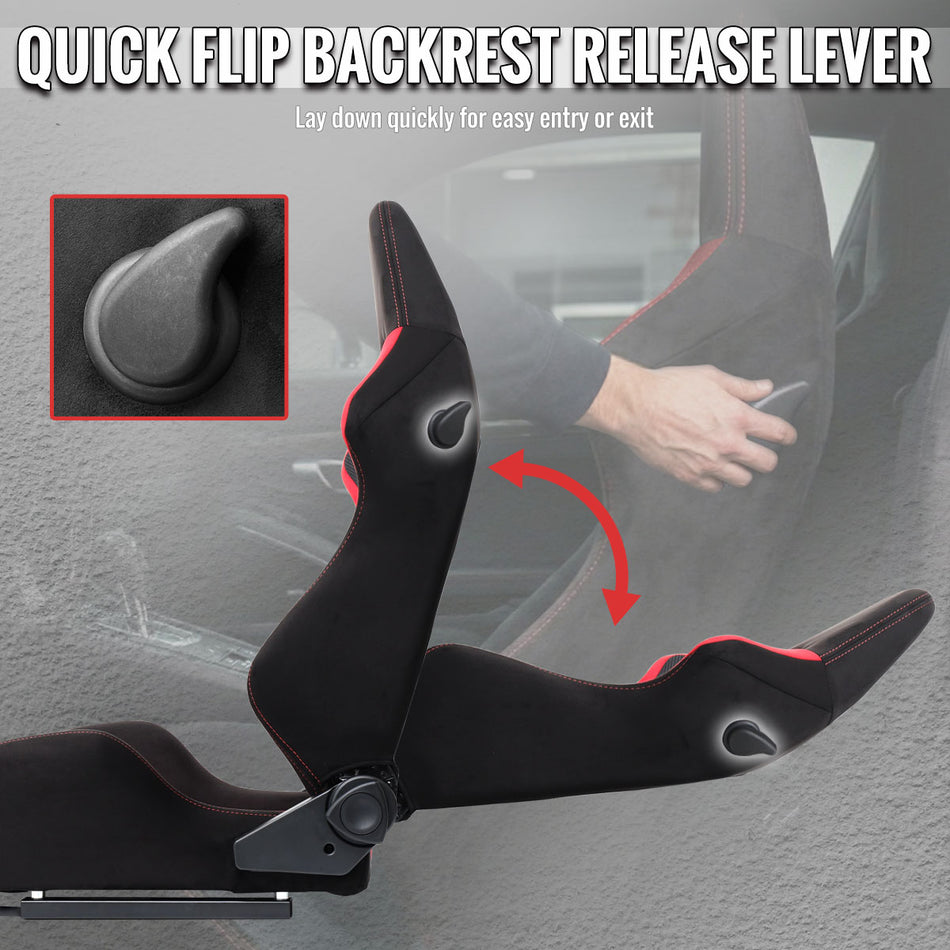 Universal Fully Reclinable Black Red Suede High Bolster Bucket Racing Seat w/ Sliders - Single Seat