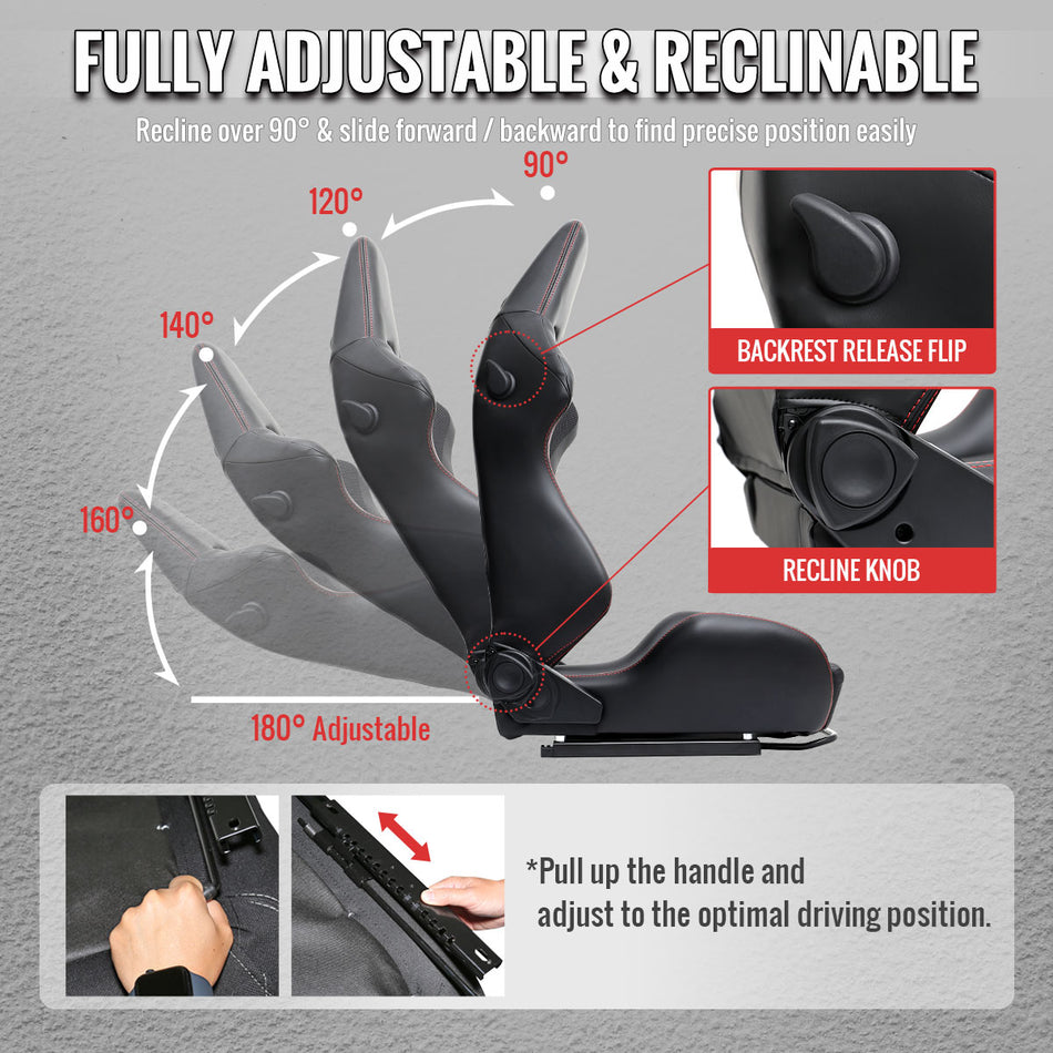 Universal Fully Reclinable Black PU Leather Bucket Racing Seat w/ Sliders - Single Seat
