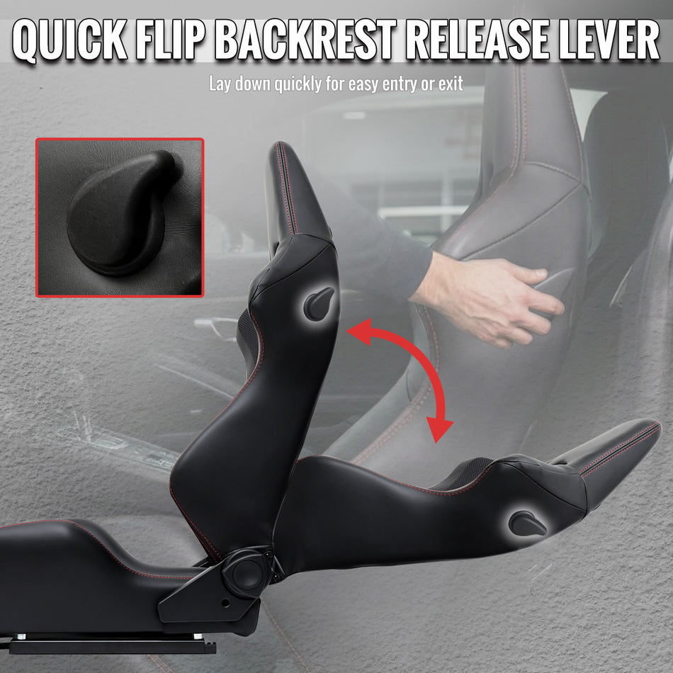 Universal Fully Reclinable Black PU Leather Bucket Racing Seat w/ Sliders - Single Seat