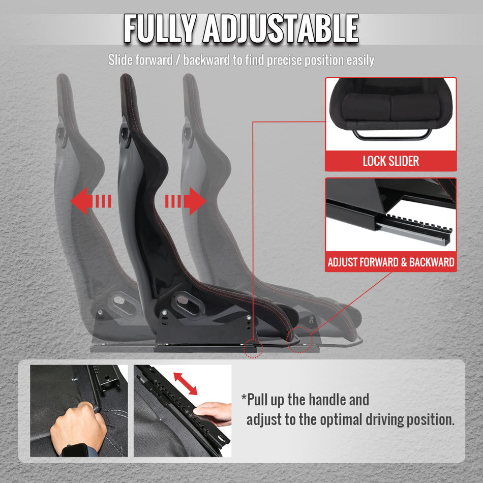 Universal Fixed-Back Black Suede Silver Stitch Bucket Racing Seat w/ Sliders - Single Seat