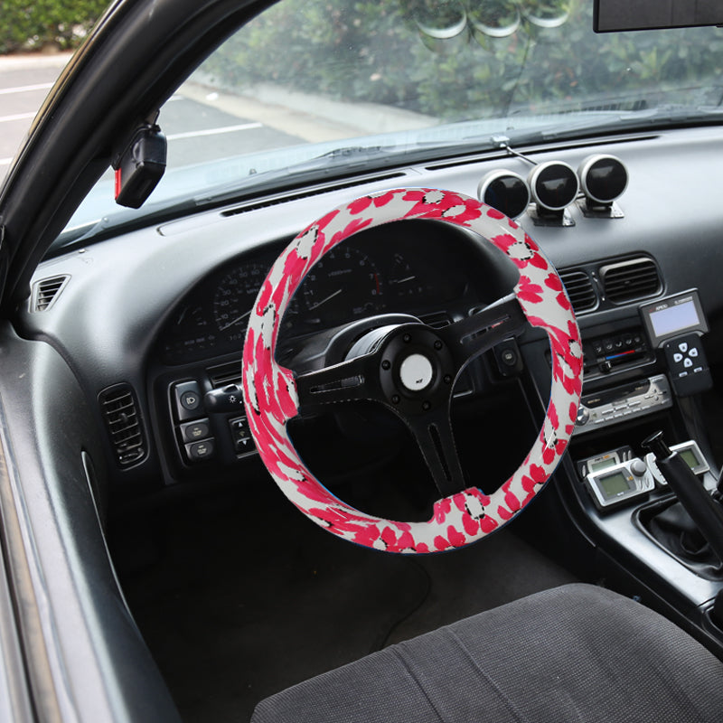 350mm 3-Spoke Hawaii Pink Floral 2" Deep Dish Wooden Steering Wheel (Black)