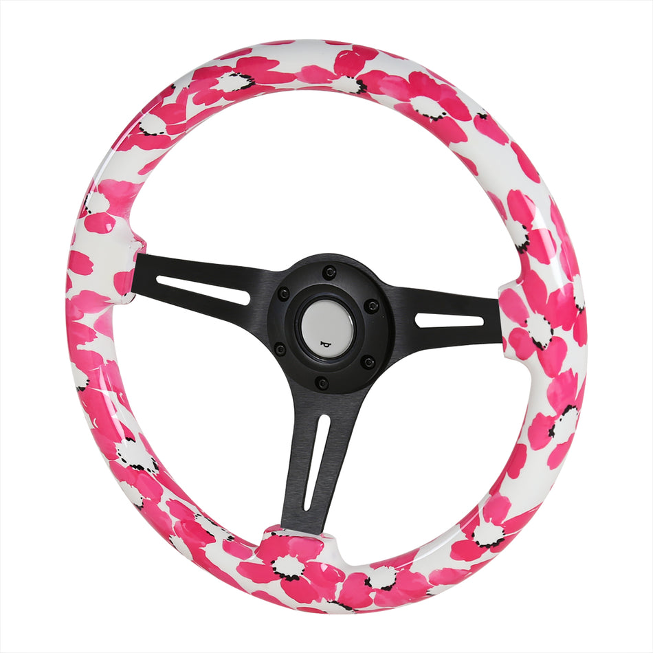 350mm 3-Spoke Hawaii Pink Floral 2" Deep Dish Wooden Steering Wheel (Black)