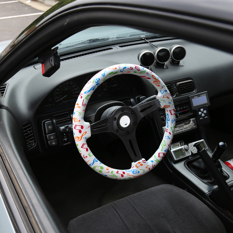 350mm 3-Spoke Musical Notes 2" Deep Dish Wooden Steering Wheel (Black)