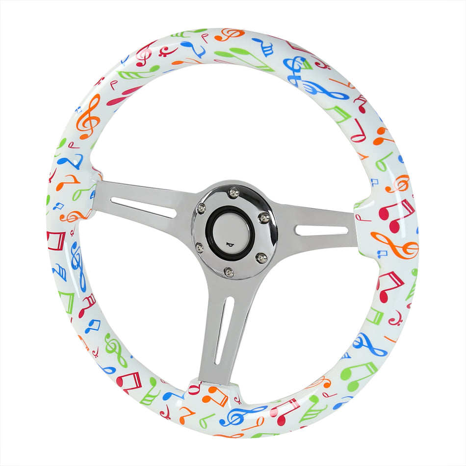 350mm 3-Spoke Musical Notes 2" Deep Dish Wooden Steering Wheel (Chrome)