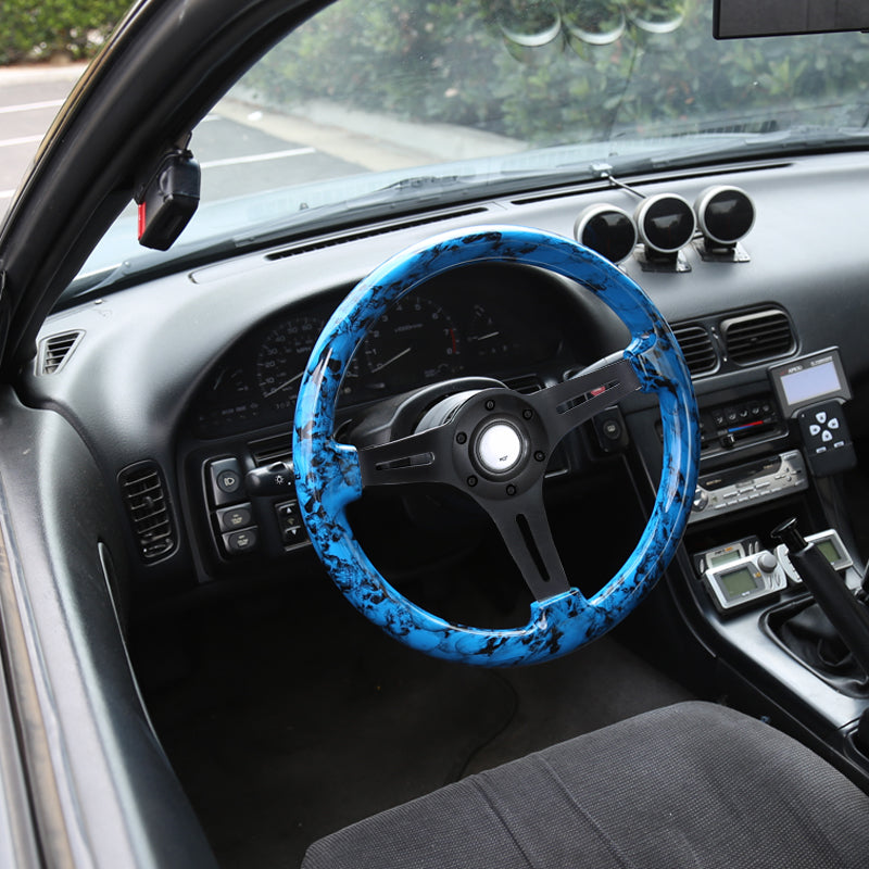 350mm Black 3-Spoke Blue Skeleton 2" Deep Dish Wooden Steering Wheel
