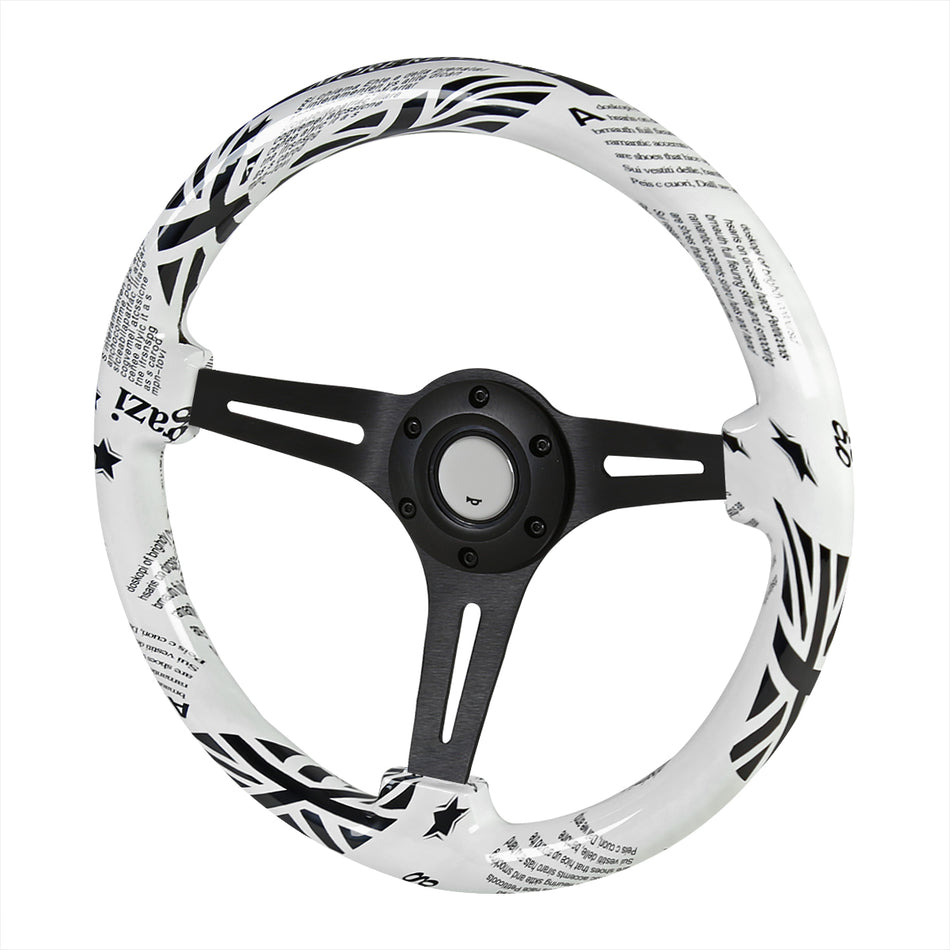 350mm Black & White Style 2" Deep Dish Aluminum 3-Spoke Wooden Steering Wheel (Black)