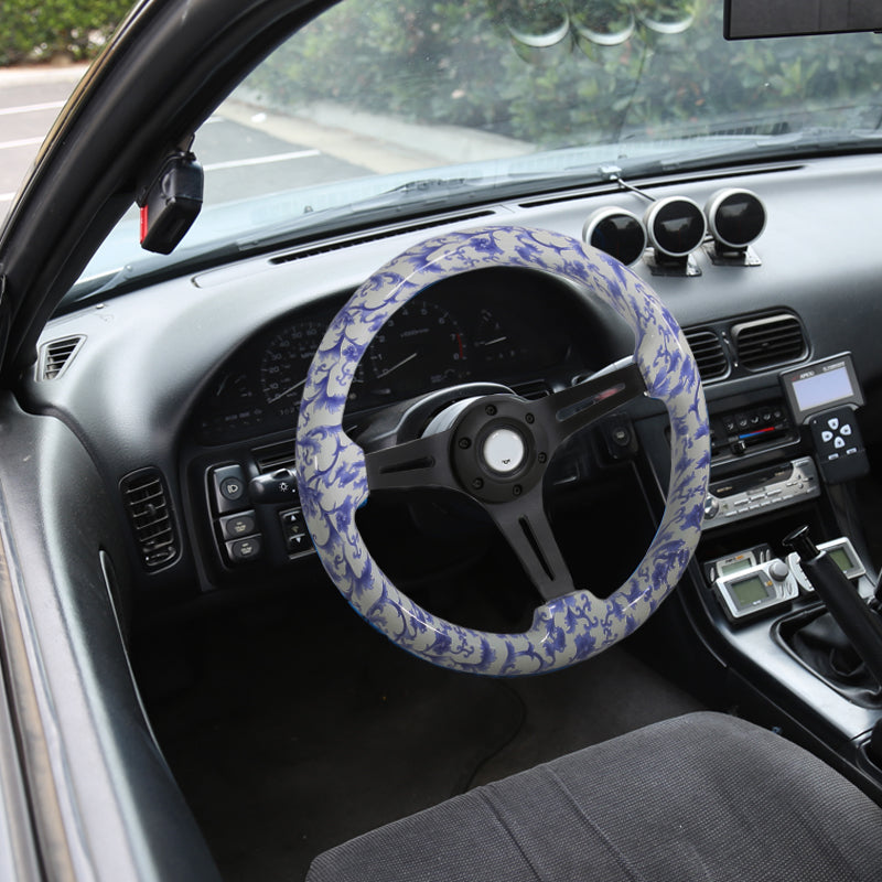 350mm Blue & White Oriental Porcelain Pattern Style 2" Deep Dish Aluminum 3-Spoke Wooden Steering Wheel (Black)
