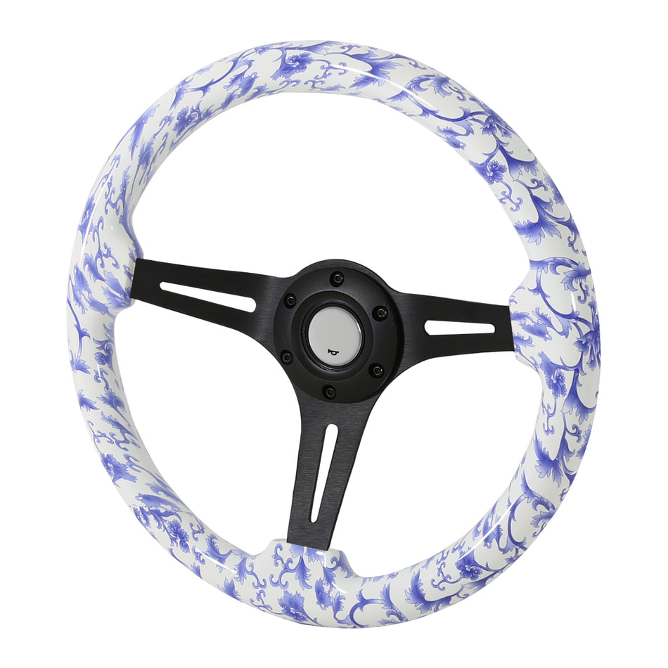 350mm Blue & White Oriental Porcelain Pattern Style 2" Deep Dish Aluminum 3-Spoke Wooden Steering Wheel (Black)