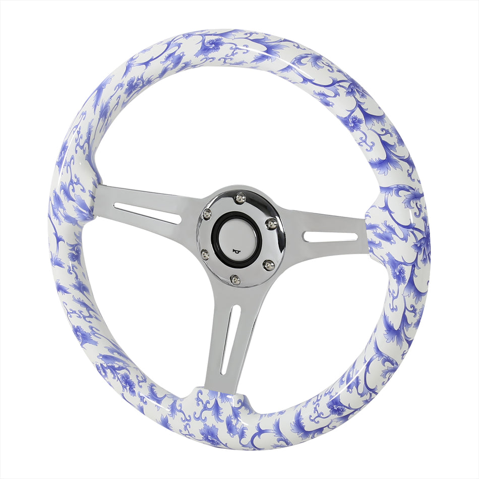 350mm Blue & White Oriental Porcelain Pattern Style 2" Deep Dish Aluminum 3-Spoke Wooden Steering Wheel (Chrome)