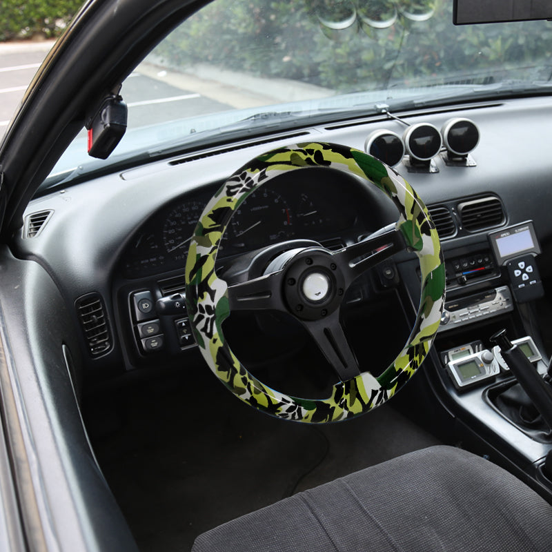 350mm Green & White Camouflage Style 2" Deep Dish Aluminum 3-Spoke Wooden Steering Wheel (Black)