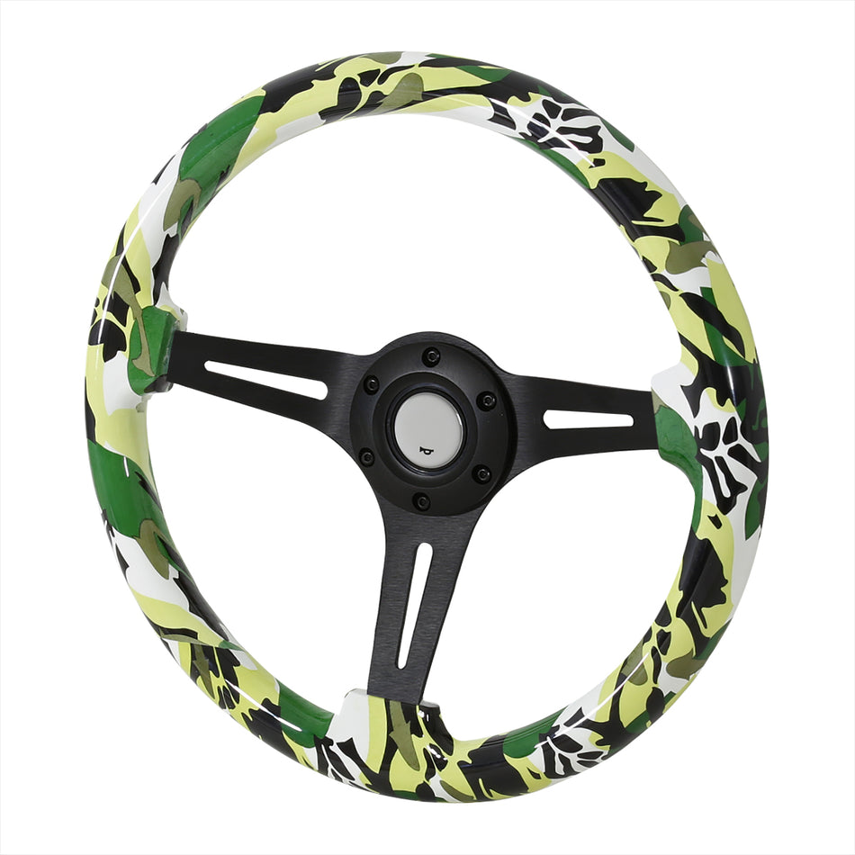 350mm Green & White Camouflage Style 2" Deep Dish Aluminum 3-Spoke Wooden Steering Wheel (Black)
