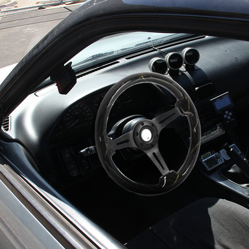 350mm Black & Gold Strips Style 2" Deep Dish Aluminum 3-Spoke Wooden Steering Wheel (Black)