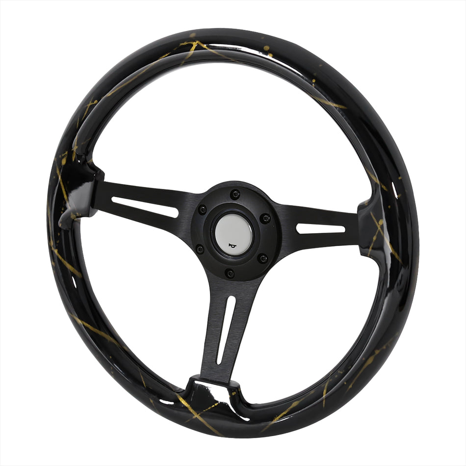 350mm Black & Gold Strips Style 2" Deep Dish Aluminum 3-Spoke Wooden Steering Wheel (Black)