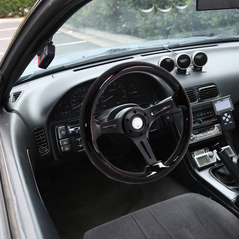 350mm Black & Red Strips Style 2" Deep Dish Aluminum 3-Spoke Wooden Steering Wheel (Black)