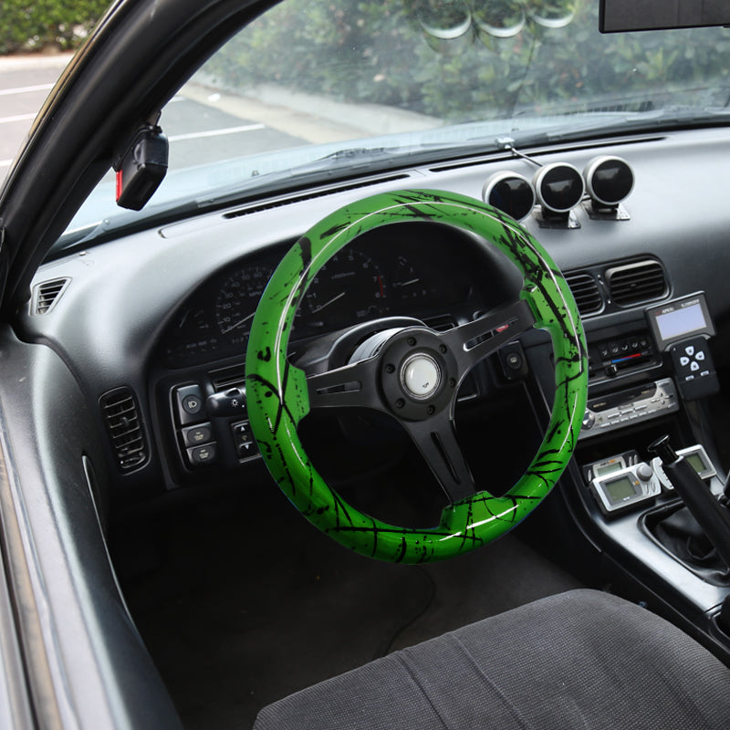 350mm Cobra Green 2" Deep Dish Aluminum 3-Spoke Wooden Steering Wheel (Black)