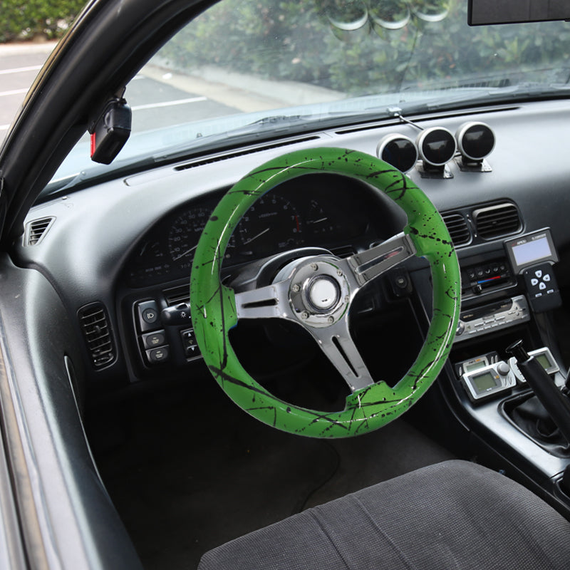 350mm Cobra Green 2" Deep Dish Aluminum 3-Spoke Wooden Steering Wheel (Chrome)