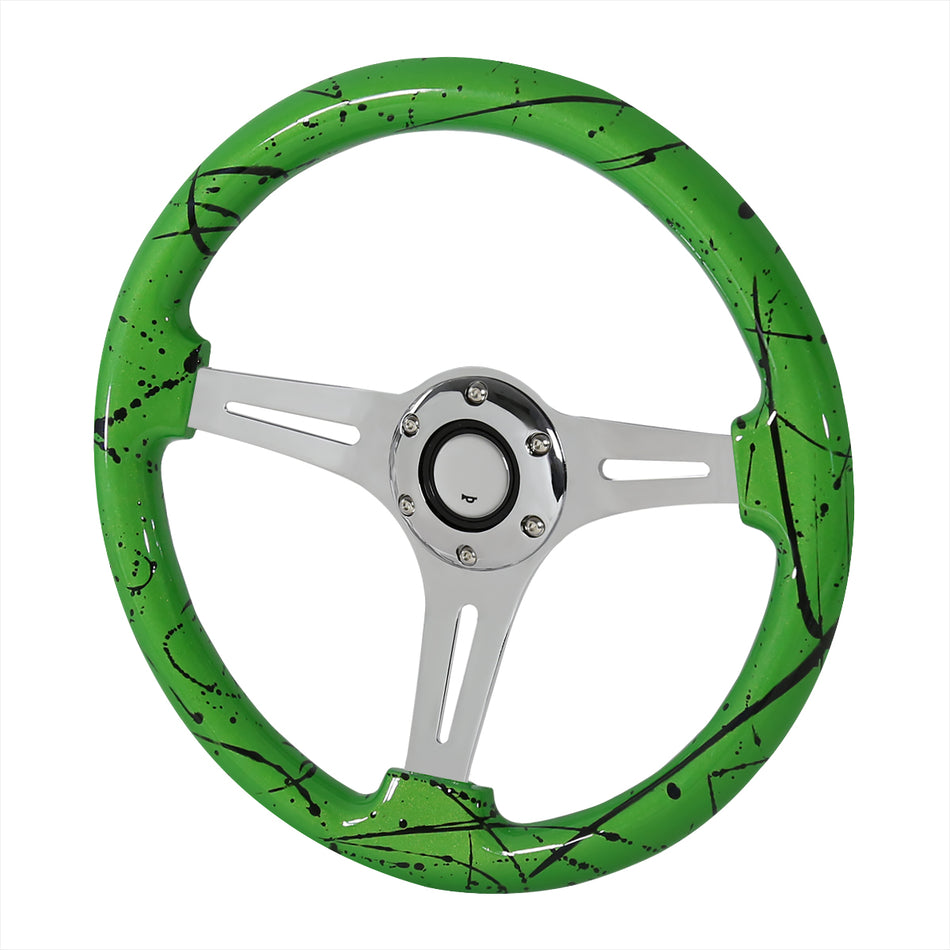 350mm Cobra Green 2" Deep Dish Aluminum 3-Spoke Wooden Steering Wheel (Chrome)