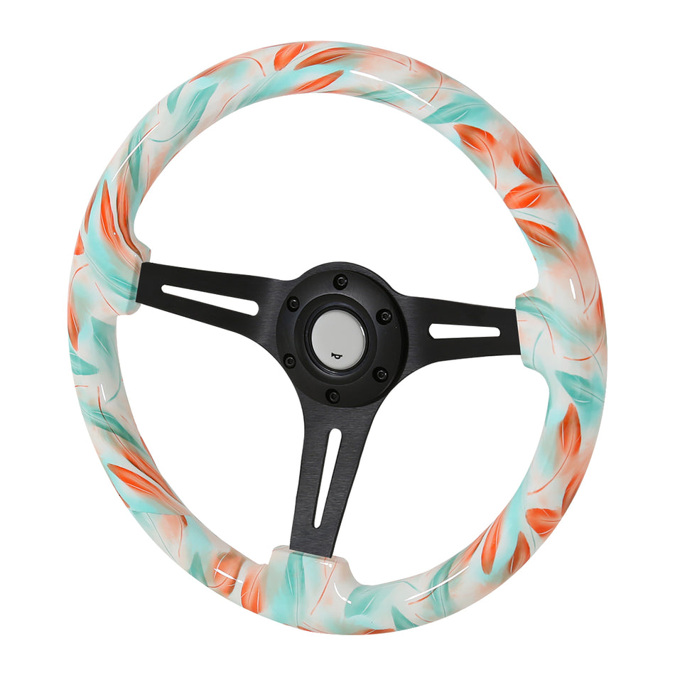 350mm Tiffany Blue Feather 2" Deep Dish Aluminum 3-Spoke Wooden Steering Wheel (Black)