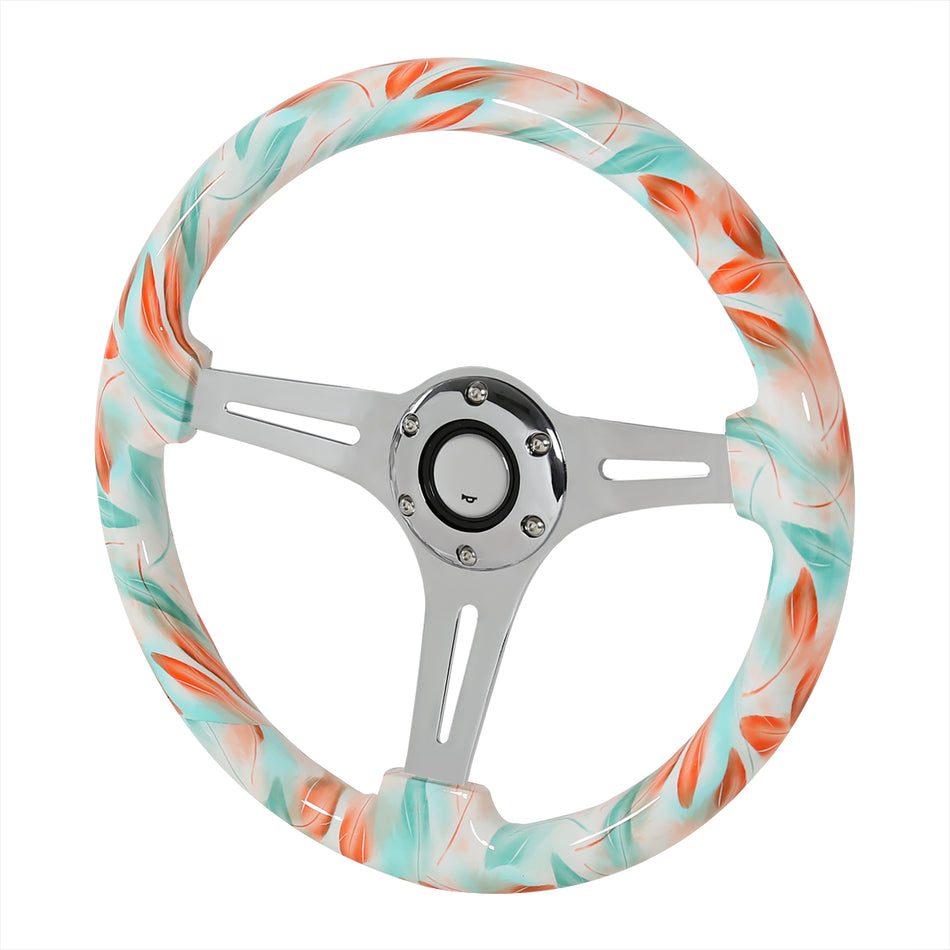 350mm Tiffany Blue Feather 2" Deep Dish Aluminum 3-Spoke Wooden Steering Wheel (Chrome)