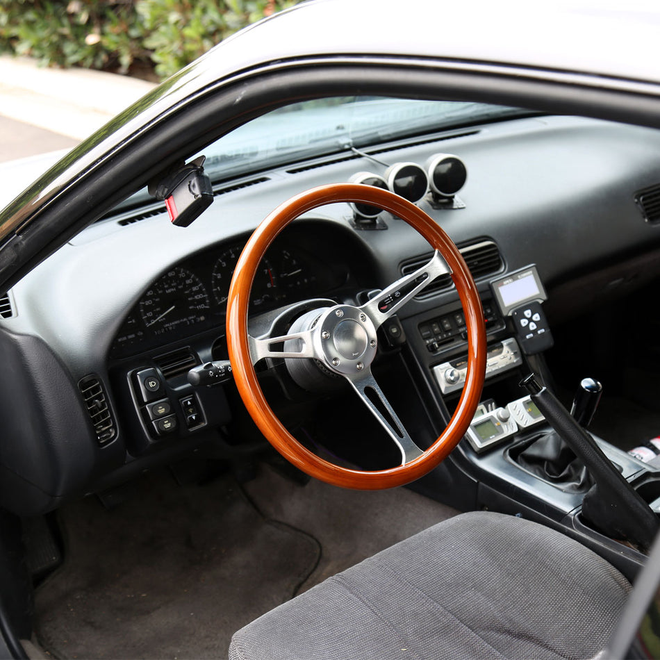 380mm 2" Deep Dish Aluminum 3-Spoke Wood Plastic Composite Steering Wheel