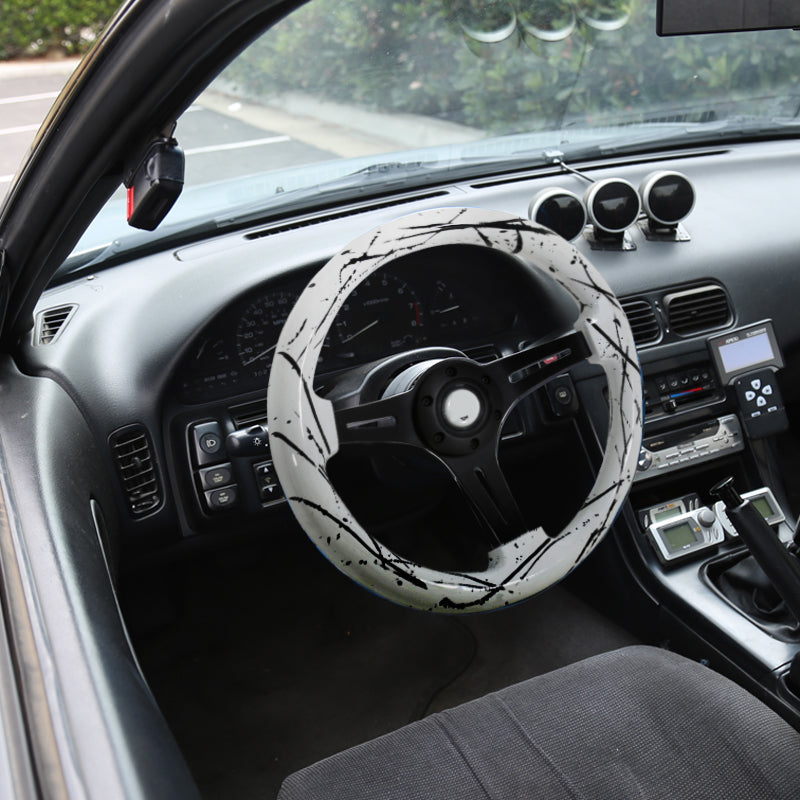 350mm White & Black 2" Deep Dish Aluminum 3-Spoke Wooden Steering Wheel (Black)