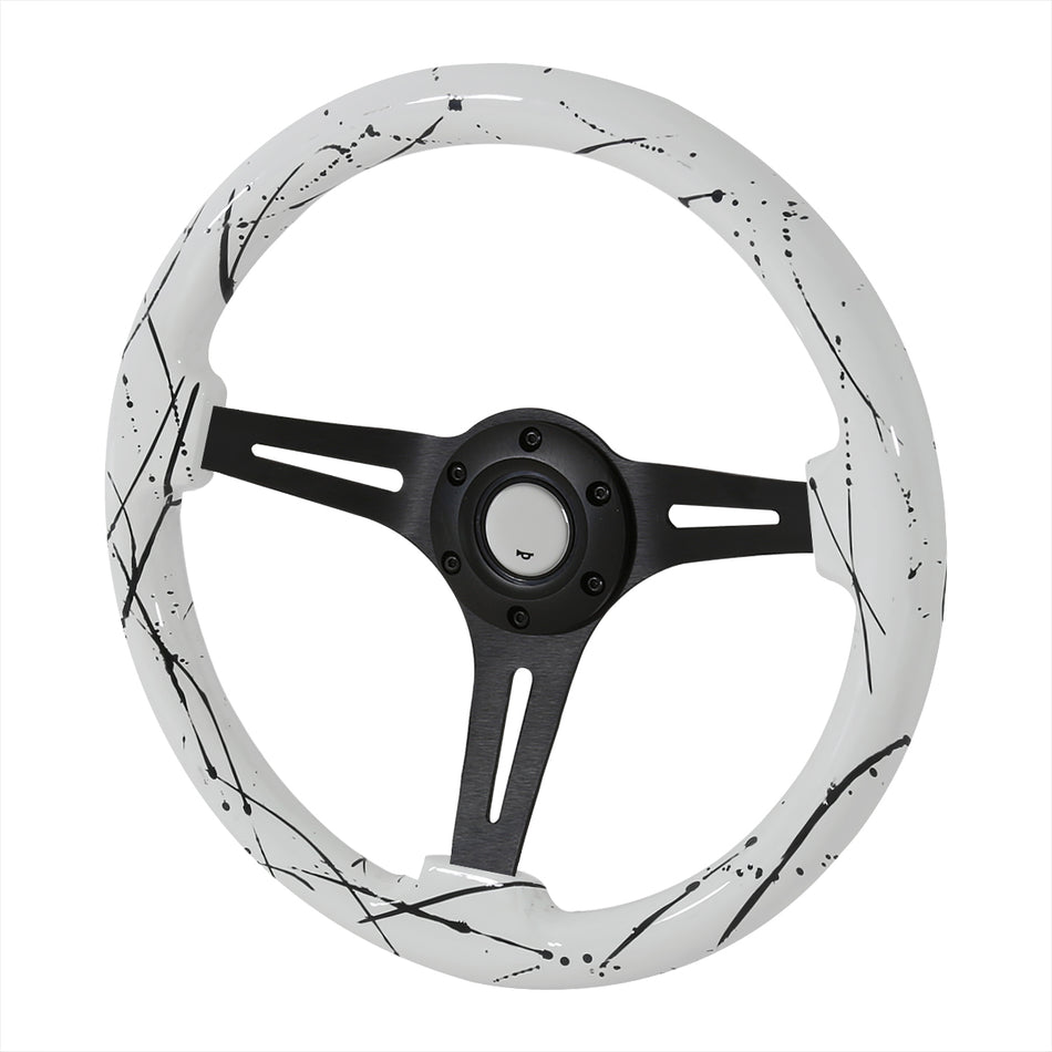 350mm White & Black 2" Deep Dish Aluminum 3-Spoke Wooden Steering Wheel (Black)