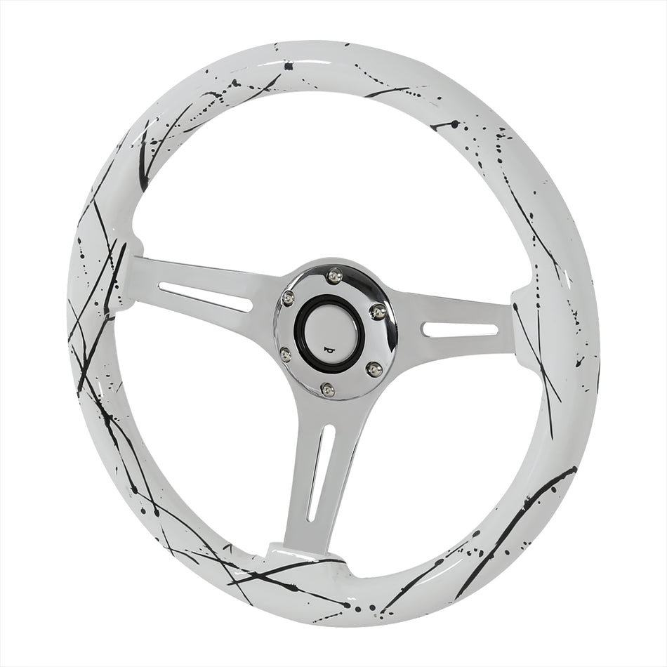 350mm White & Black 2" Deep Dish Aluminum 3-Spoke Wooden Steering Wheel (Chrome)