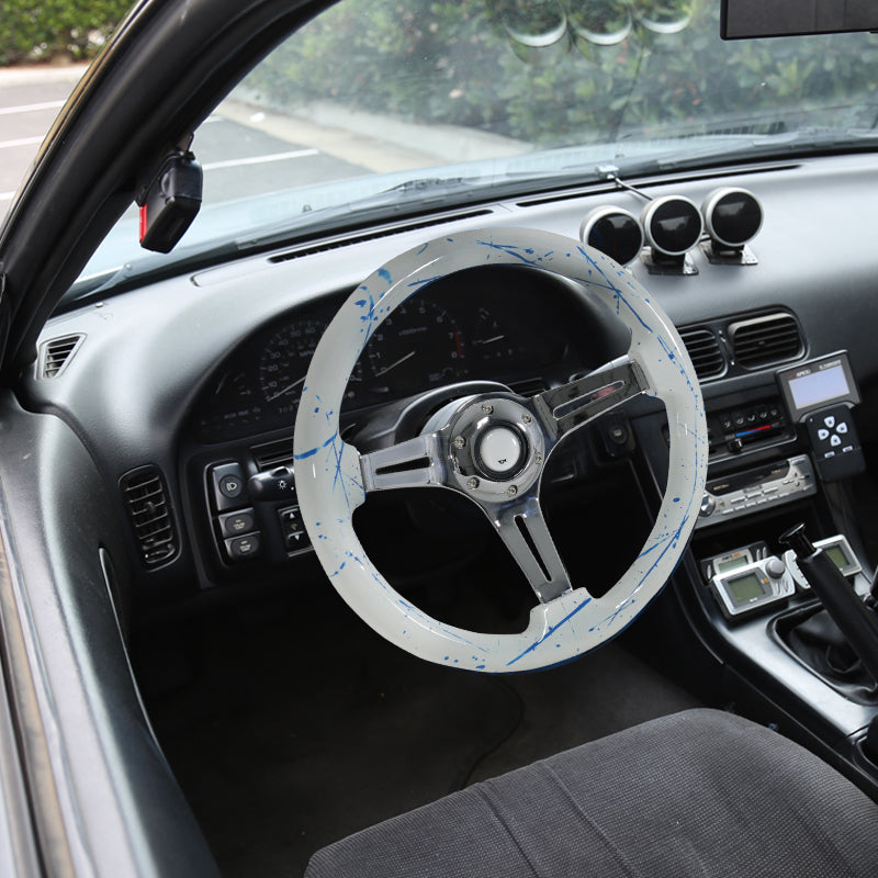 350mm White & Blue 2" Deep Dish Aluminum 3-Spoke Wooden Steering Wheel (Chrome)