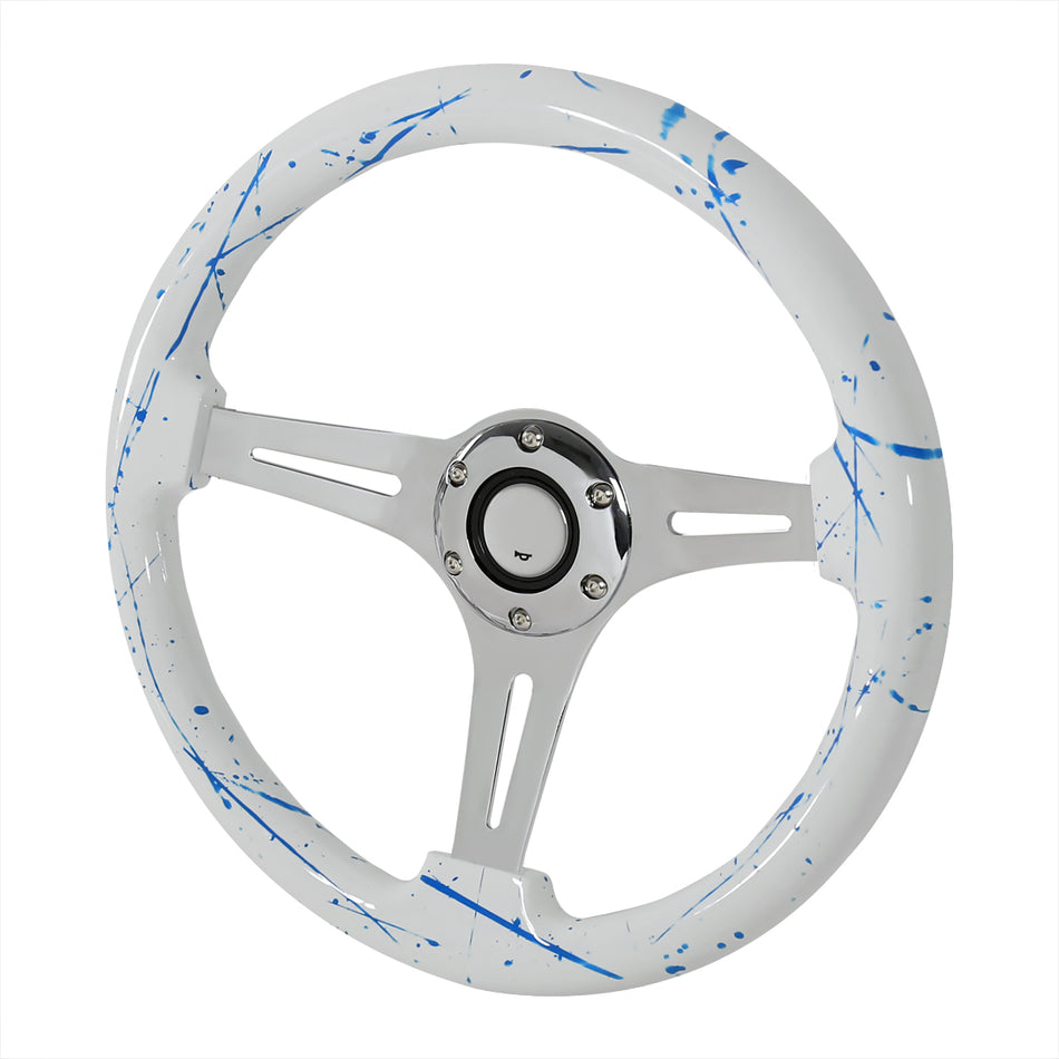 350mm White & Blue 2" Deep Dish Aluminum 3-Spoke Wooden Steering Wheel (Chrome)
